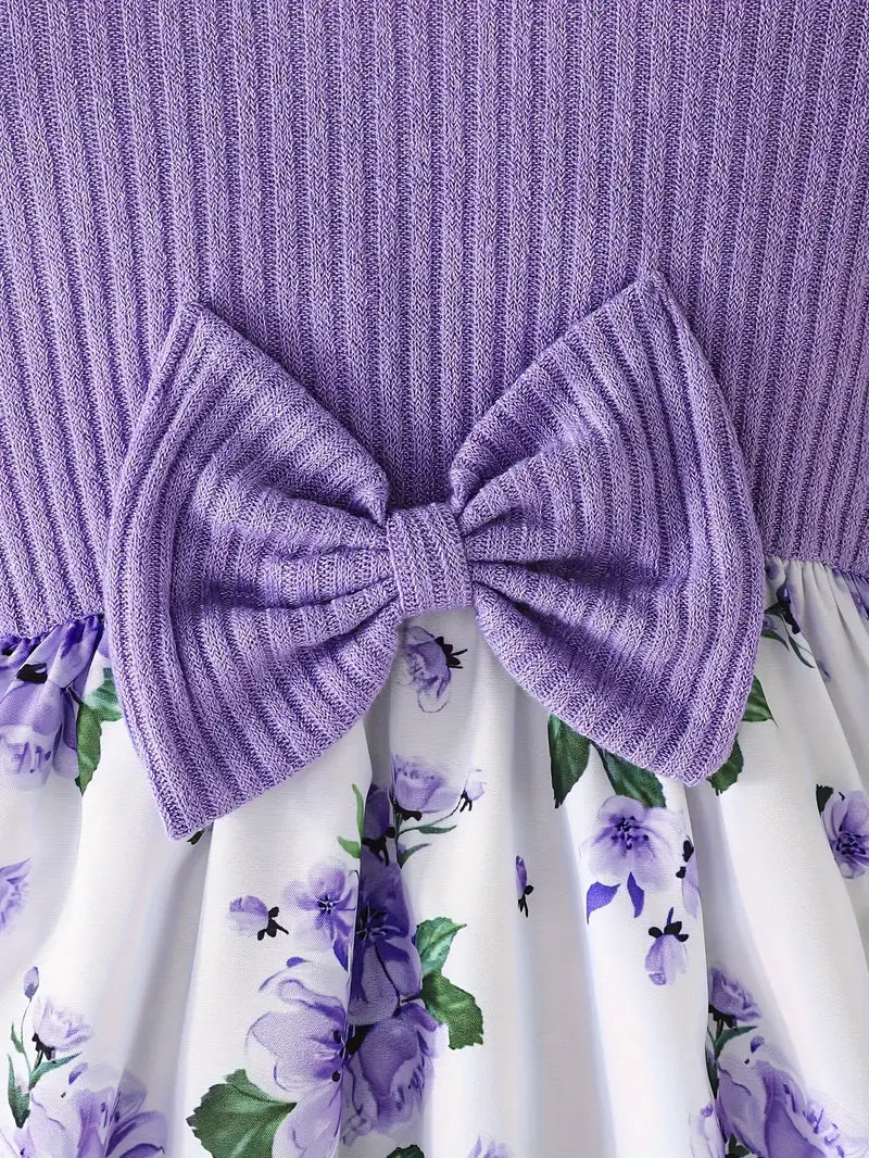 Robe violette à manches longues pour bébé fille | Jupe fleurie et nœud papillon à la taille – Tenue automne-printemps