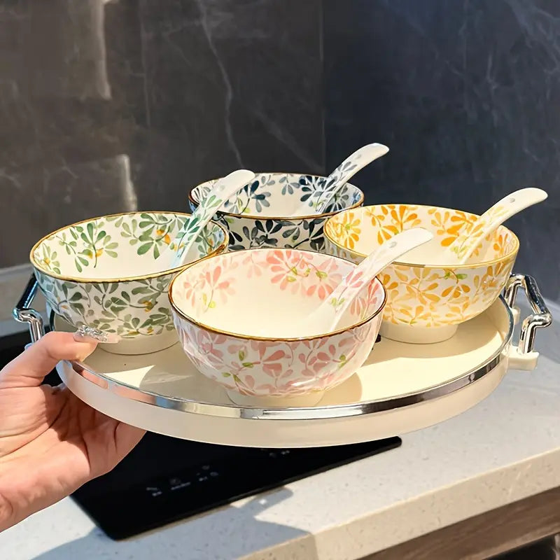 4PCS Floral Ceramic Bowls – Versatile for Soup, Dessert, Fruits, Appetizers