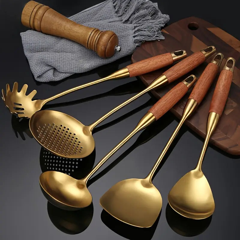 6pcs Luxury Golden Stainless Steel Kitchen Utensil Set - Includes Spatula, Ladle, Slotted Turner