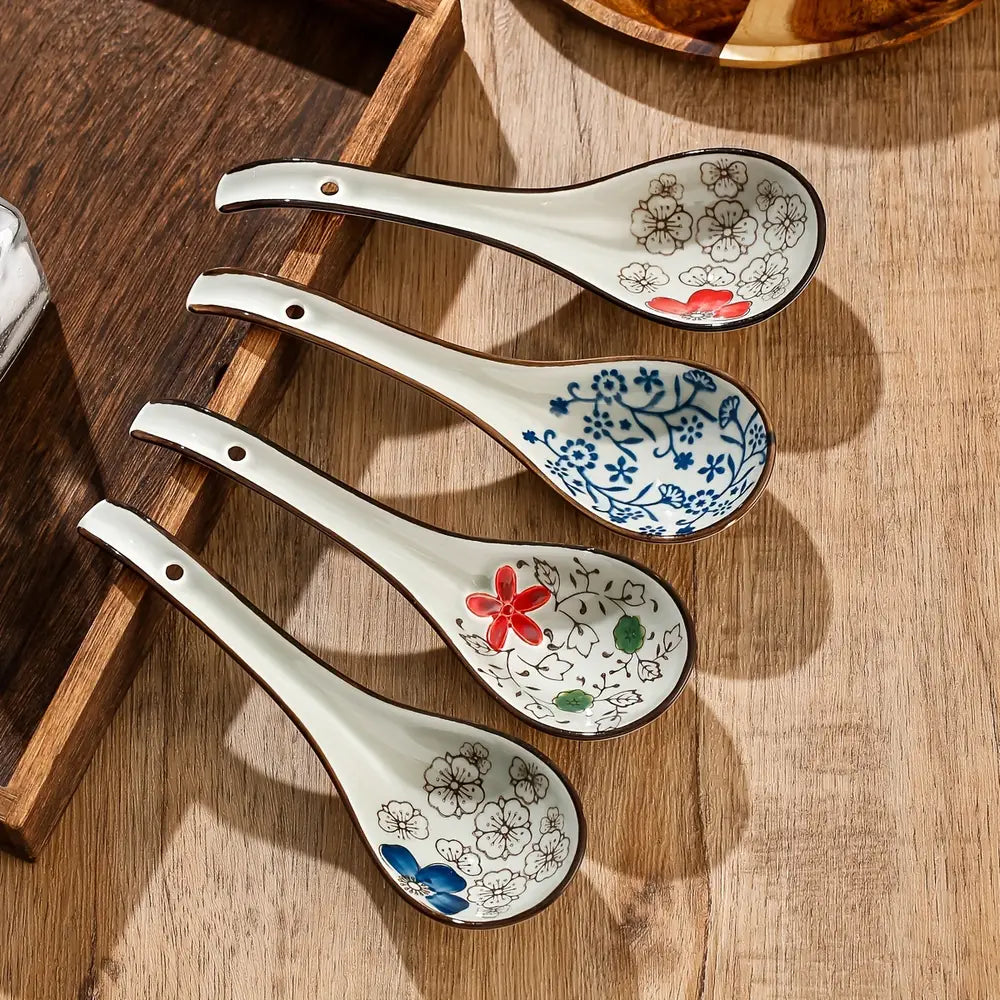 4pcs Japanese Floral Pattern Ceramic Soup Spoons