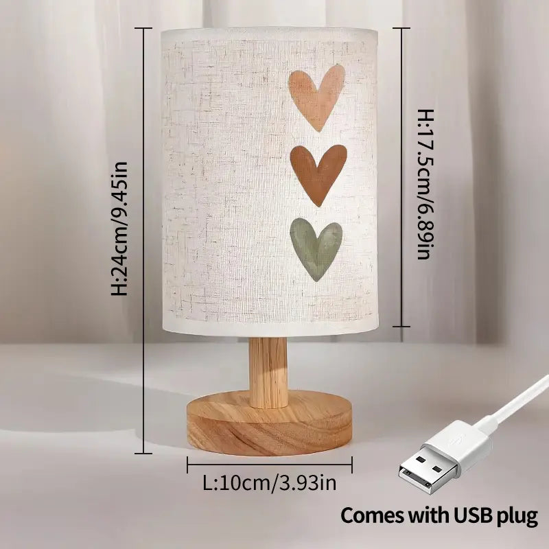 Heart Print Bedside Lamp - LED, USB Powered, Fabric Shade