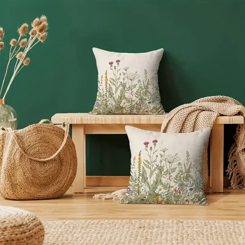 Lot de 2 housses de coussin en lin à motif de fleurs printanières, d'herbes vertes et de feuilles, 45,72 x 45,72 cm