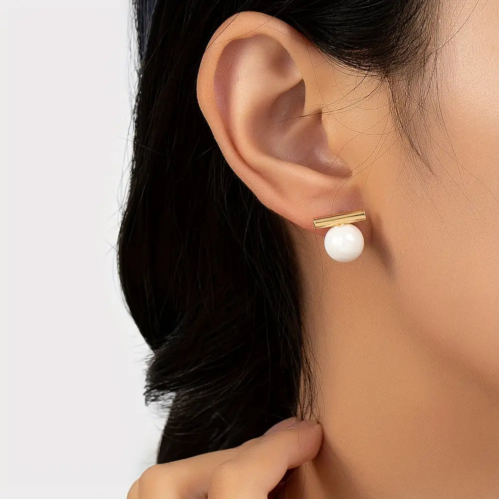 Golden Stick Faux Pearl Decor Dangle Earrings