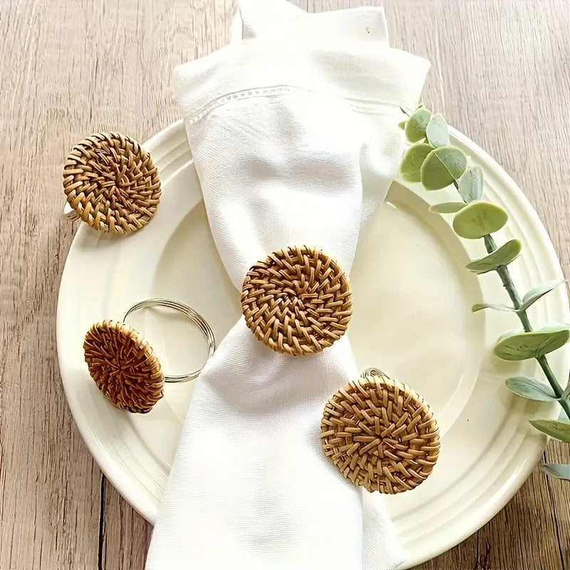 Rattan Napkin Rings Set (6) - Rustic Wooden and Metal Decor