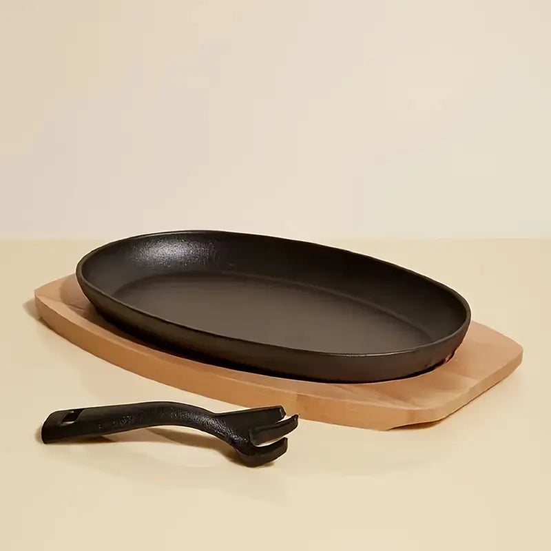 Cast Iron Griddle Pan Set – Steak & BBQ Pan with Wooden Tray & Fork