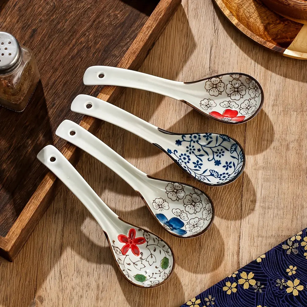 4pcs Japanese Floral Pattern Ceramic Soup Spoons