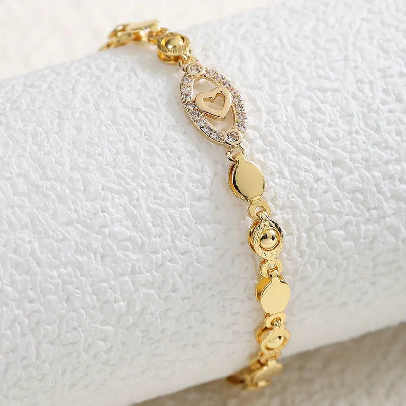 Gold Plated Heart Bracelet - CZ Leaf Charm