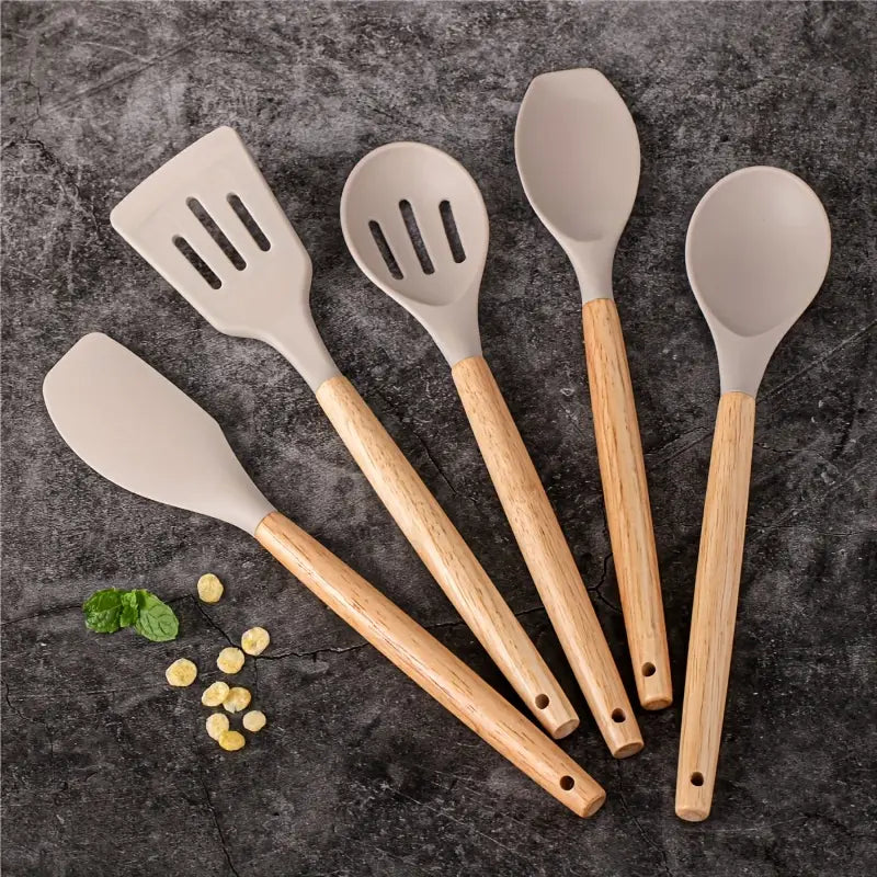 5pcs Silicone Kitchen Spatula Set with Wooden Handles