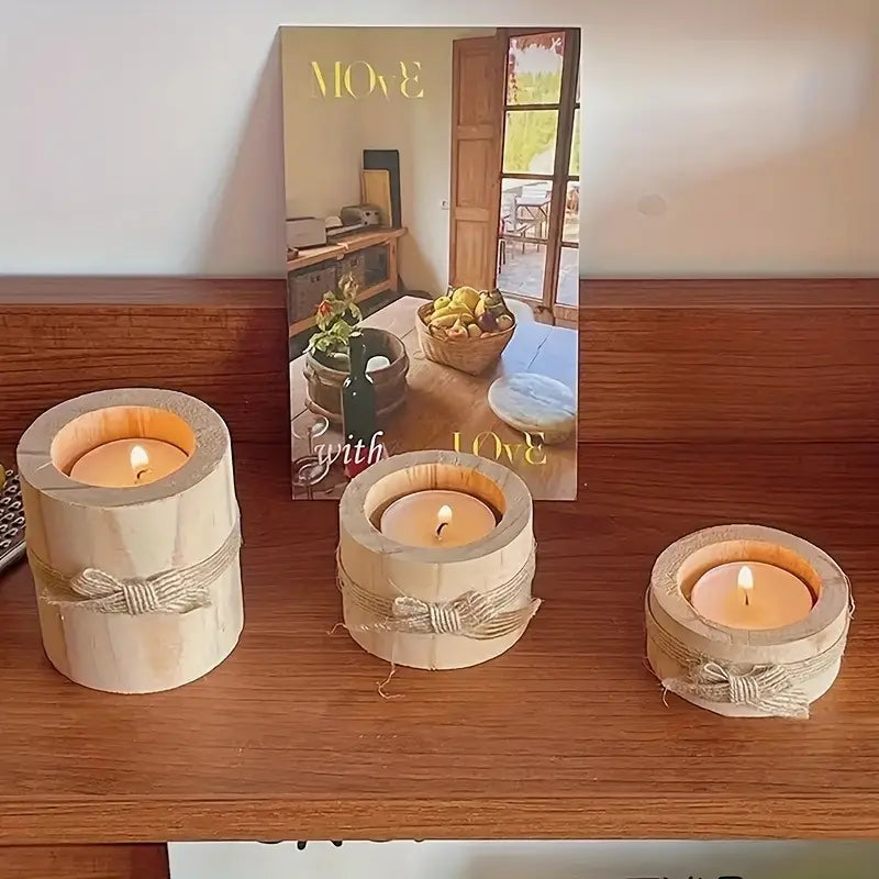 Rustic Pine Candle Holder Set - Burlap Bow Home Decor