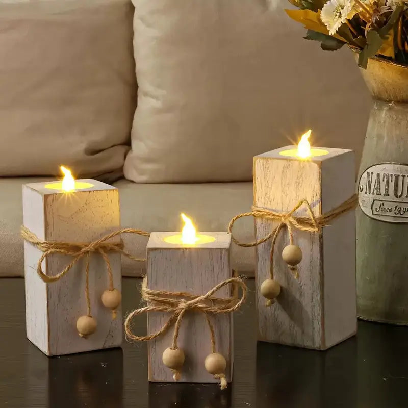 Bohemian Heart Candle Holder Set - Rustic Wood Table Decor