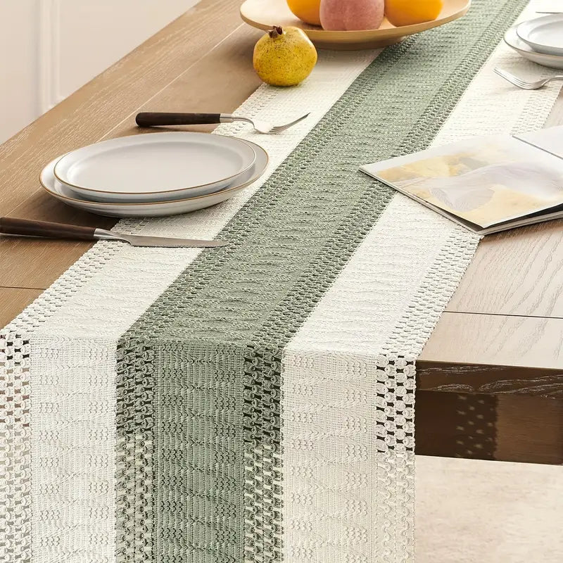 Boho Macrame Fringe Table Runner – Sage Green Striped Decor for Dining & Events