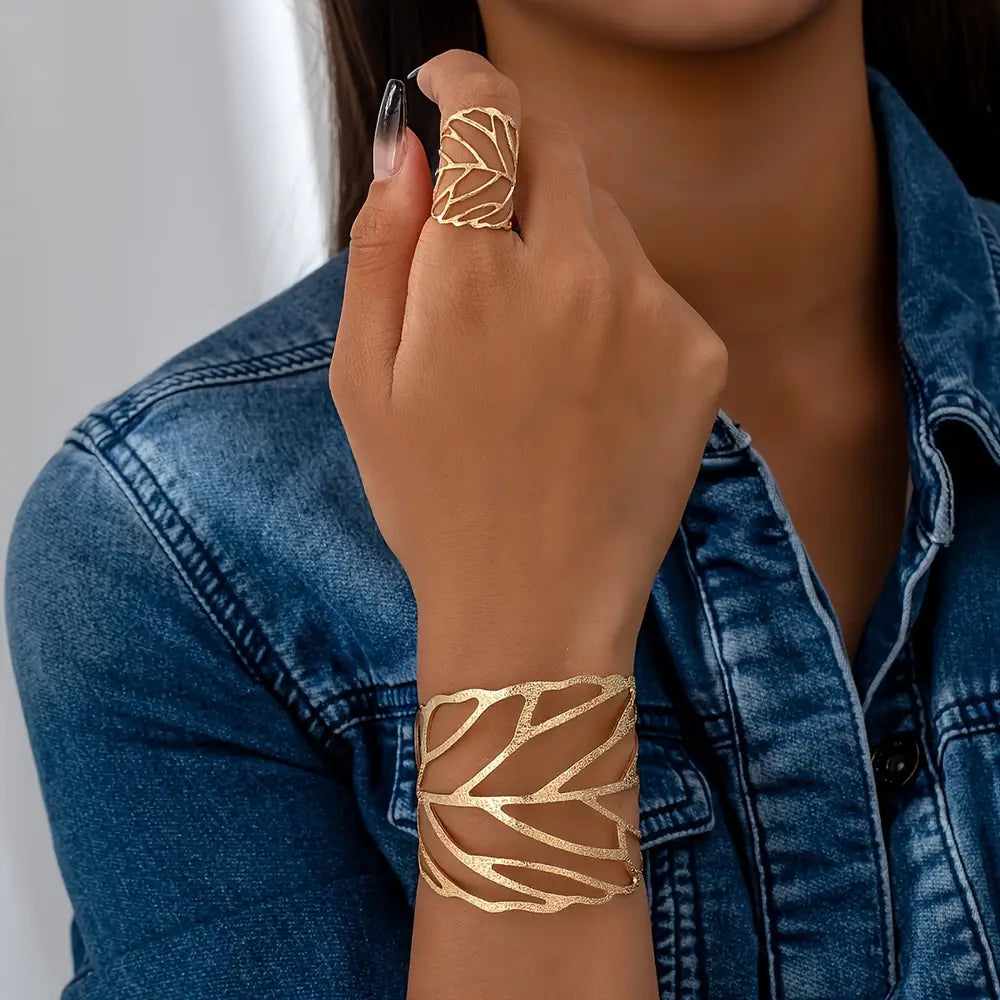 Chic Leaf Design 2pcs Jewelry Set - Open Cuff Bracelet & Ring Combo