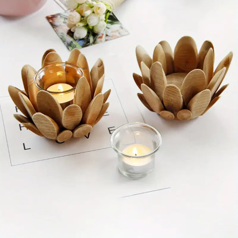 Lot de 2 bougeoirs en bois en forme de pétales de lotus – Décoration rustique avec coupelles en verre