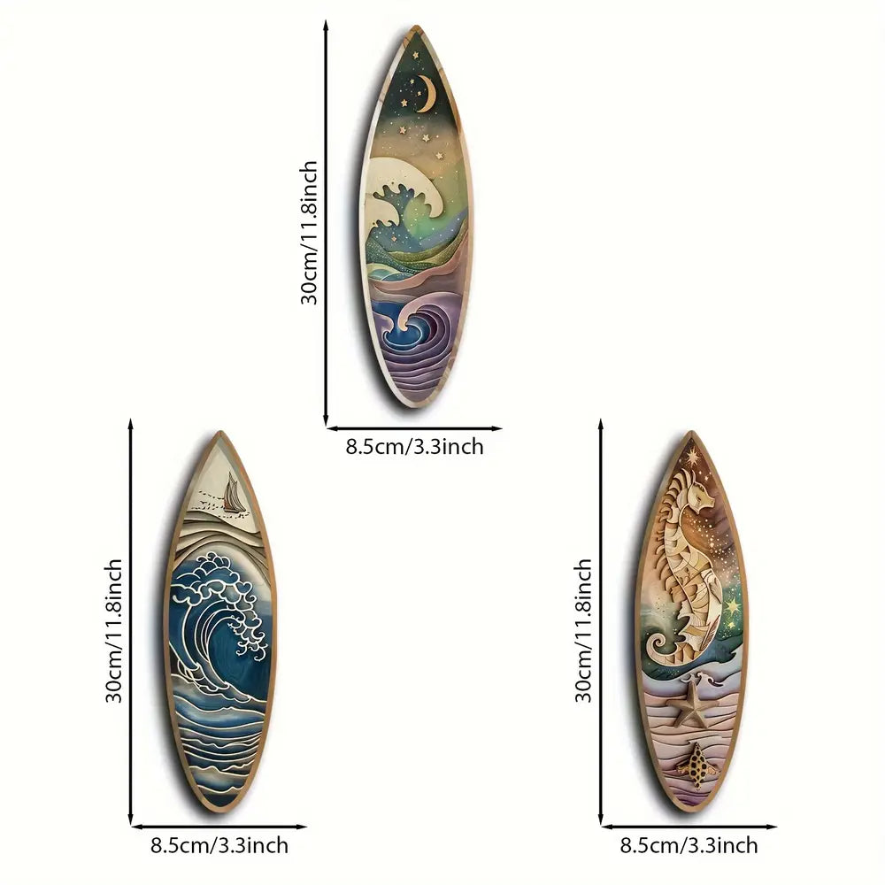 3pcs Boho Wooden Surfboard Wall Art Set with Sailboat, Seahorse, and Night Wave Patterns