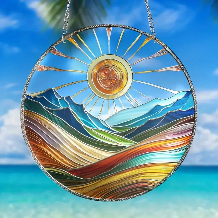 Boho Style Acrylic Stained Glass Sun & Mountain Wall Art, 14.48 cm