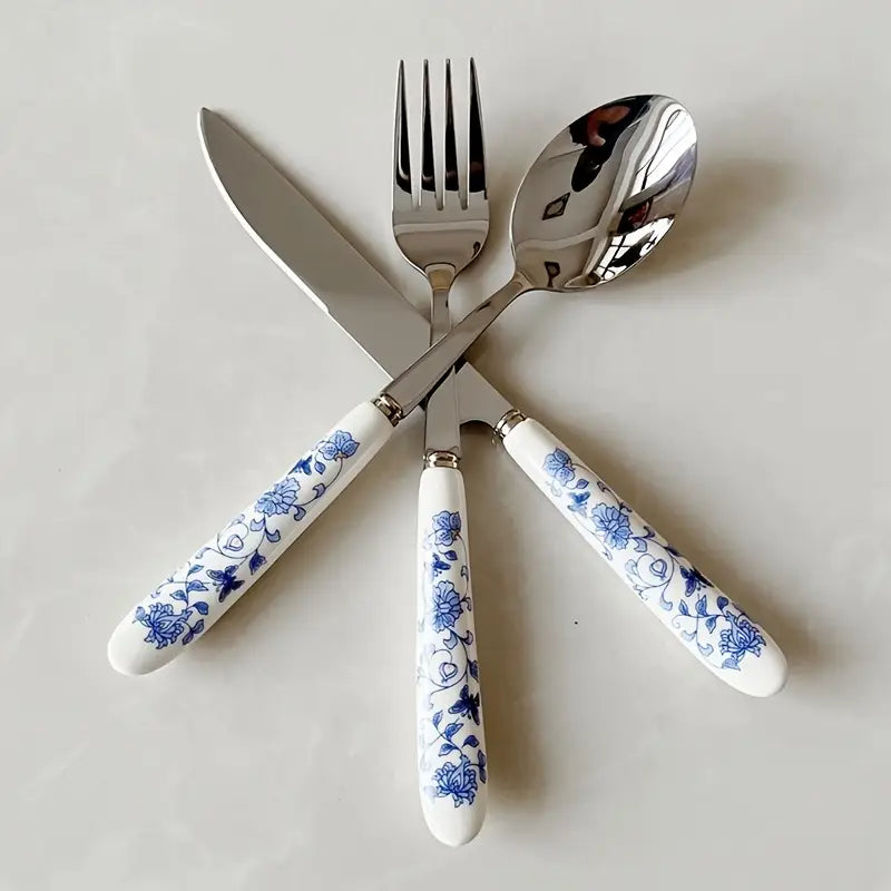 Floral Ceramic Handle Knife Set - Stainless Steel Kitchen Cutlery