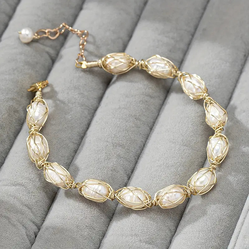 18K Gold Pearl Bracelet - Handwoven Chain Elegant Jewelry