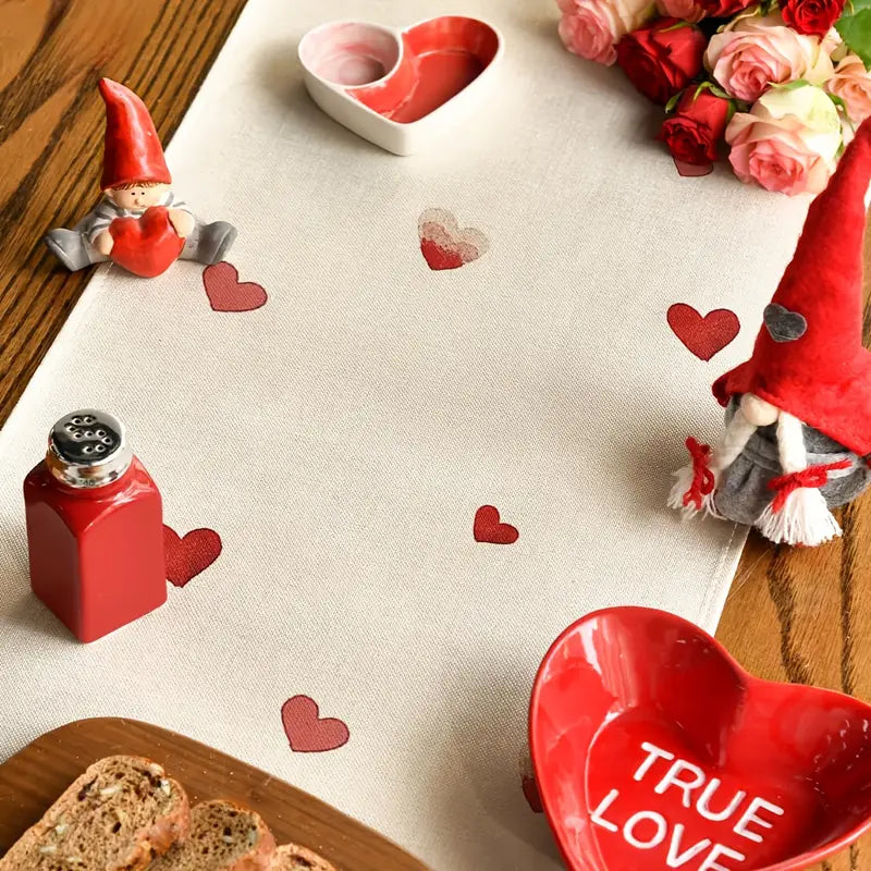 Linen Valentine’s Table Runner – Red Heart Plant Design for Romantic Events