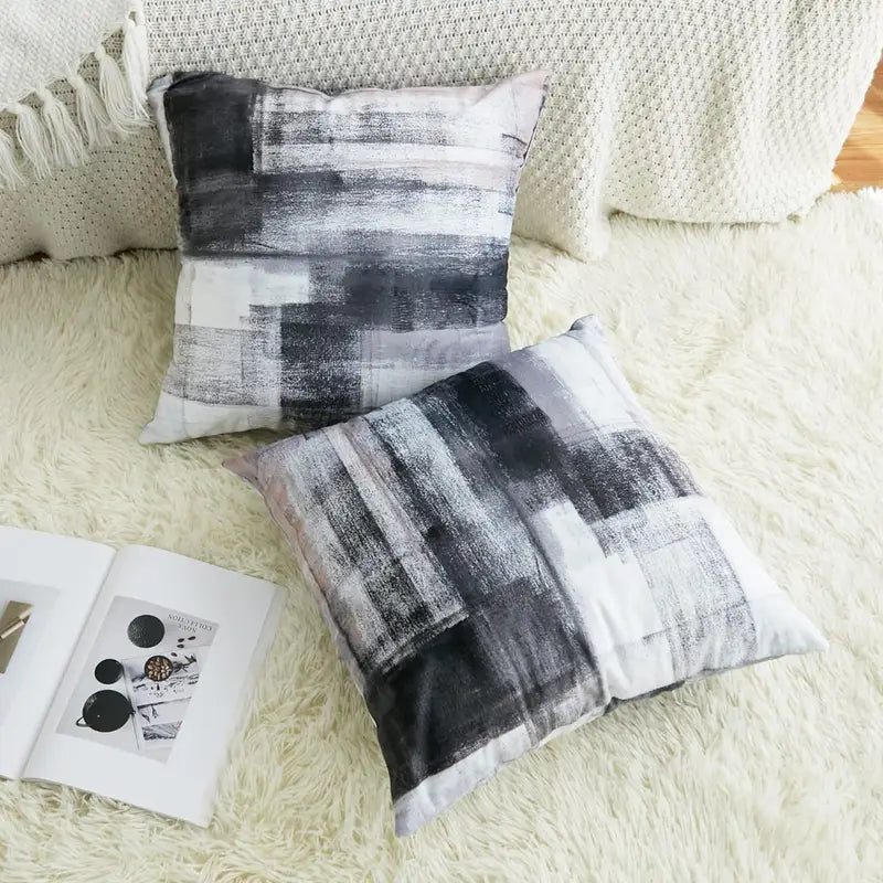 Lot de 2 housses de coussin contemporaines abstraites – Polyester doux noir et blanc