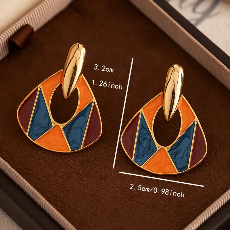 Elegant Boho-Chic Gold-Plated Enamel Geometric Dangle Earrings - Vintage Bohemian Style