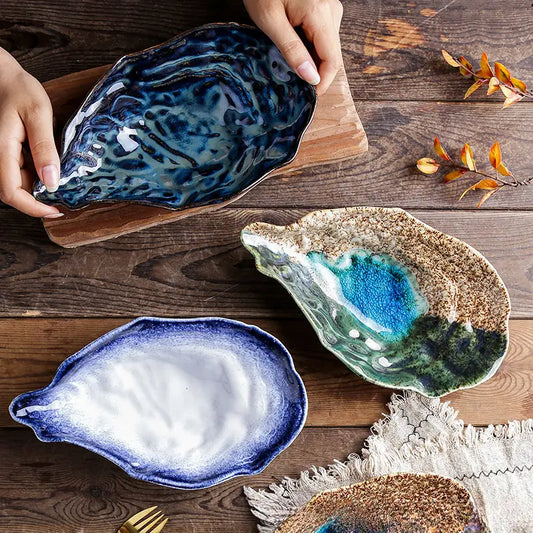 2PCS Oyster-Shaped Plates – Kiln-Glazed Ceramic Sushi & Snack Dishes