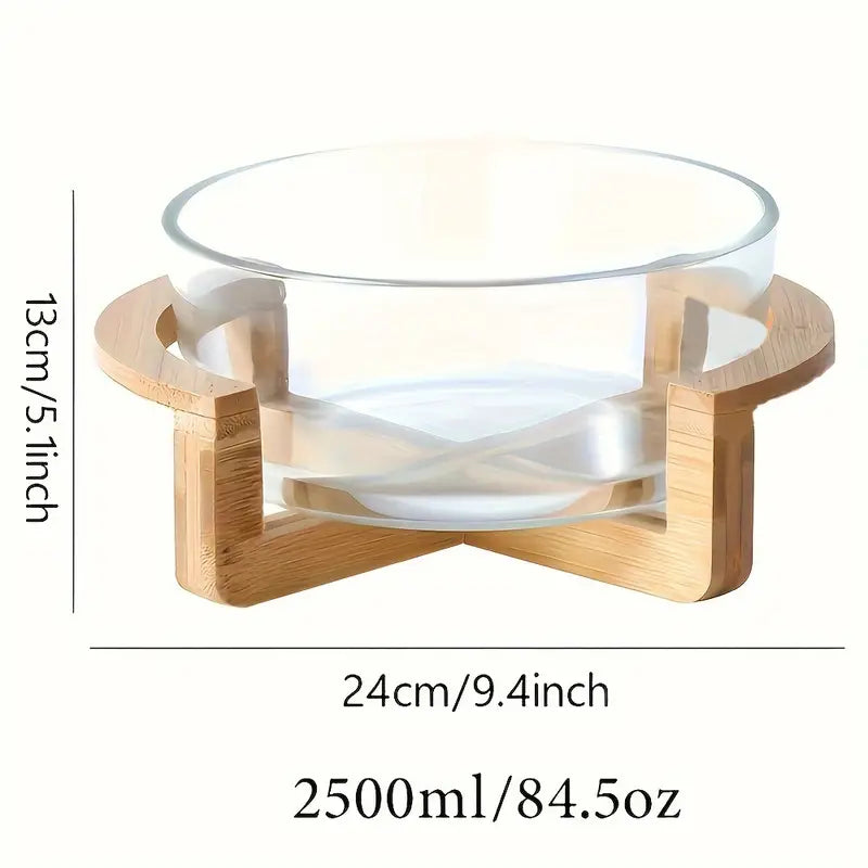 Glass Fruit Bowl with Bamboo Base – Stylish Snack or Salad Display Dish