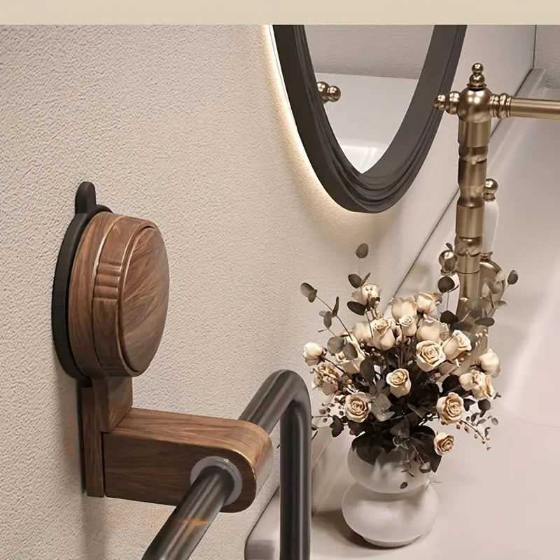 Walnut Towel Ring - Suction Mount, No Drill - Elegant Oval Design