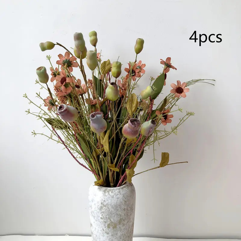 Fall Flowers 4-Pack: Beige Pink Artificial Autumn Decor Centerpiece