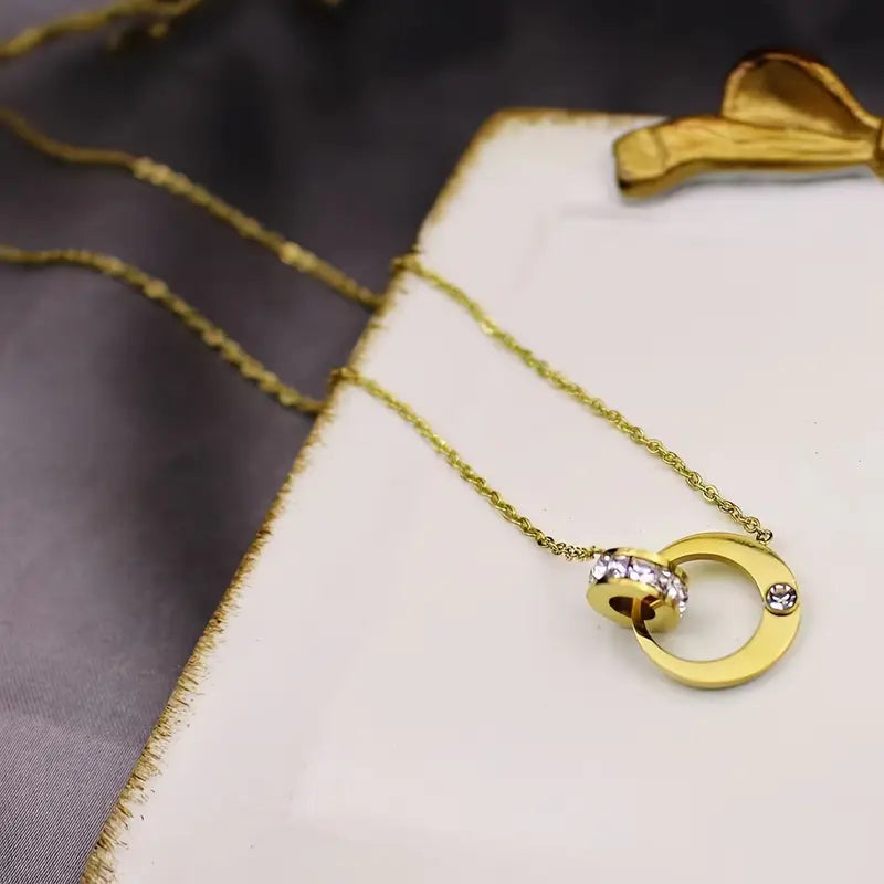 18K Gold Zircon Pendant Necklace - Stainless Steel Crystal