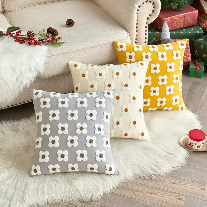 Floral Embroidered Throw Pillow Covers - Yellow Canvas Sofa Decor