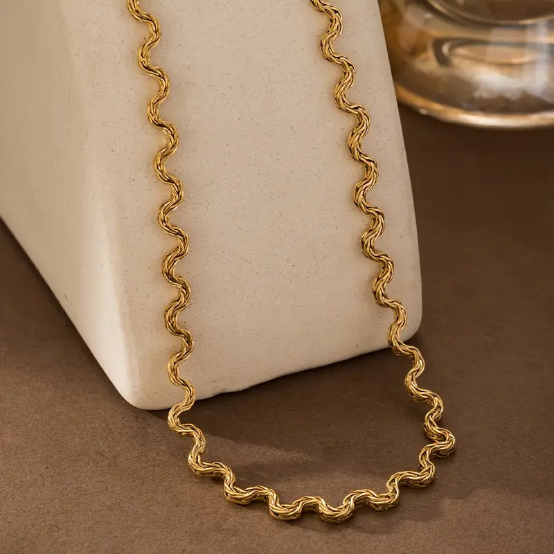 18K Gold Water Wave Necklace - Stainless Steel Adjustable