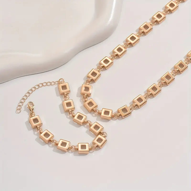 2pcs Boho Hollow Square Link Necklace & Bracelet Set – Versatile Jewelry for Women