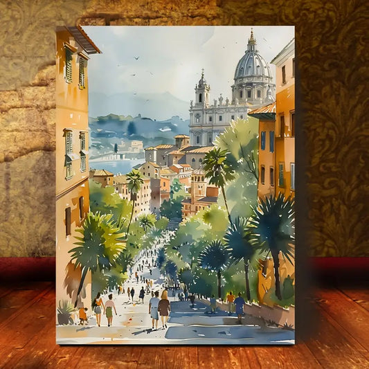 1 toile murale aquarelle Rome vibrante (30 x 40 cm) – Décoration murale encadrée style paysage urbain vintage