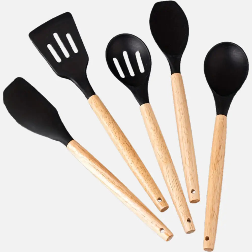 5pcs Silicone Kitchen Spatula Set with Wooden Handles