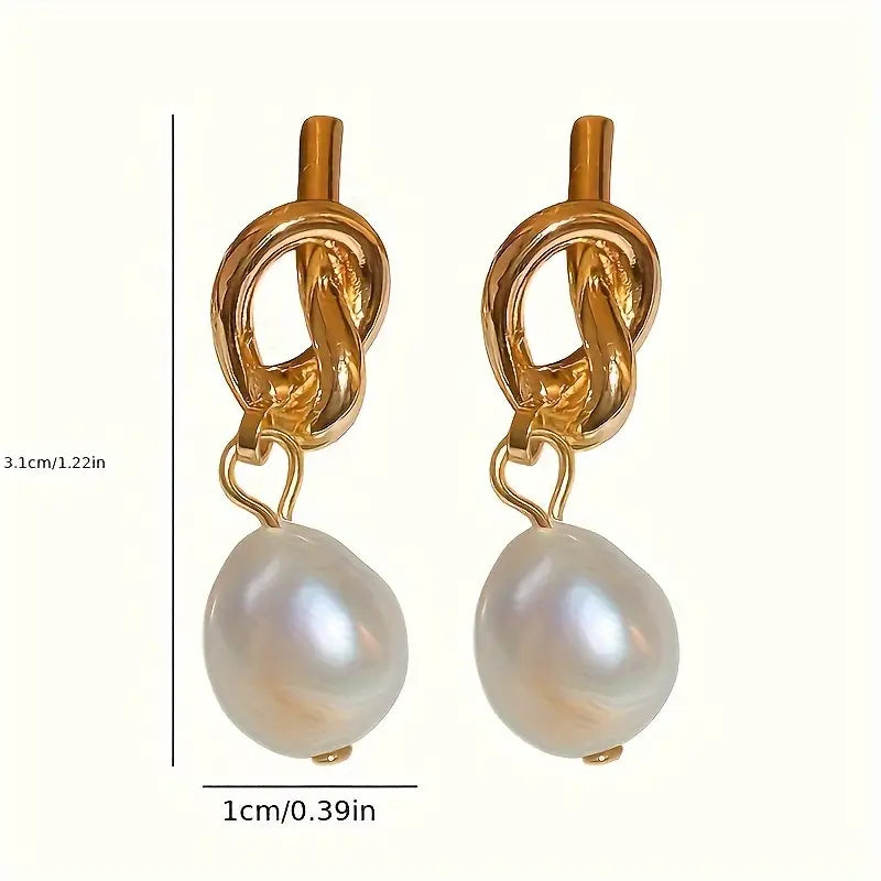 French-Inspired Faux Pearl Knotted Dangle Earrings - 925 Silver Post Alloy