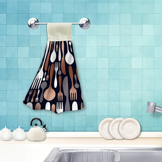 2-Pack Modern Kitchen Towels Set, Copper Cutlery Utensil Pattern