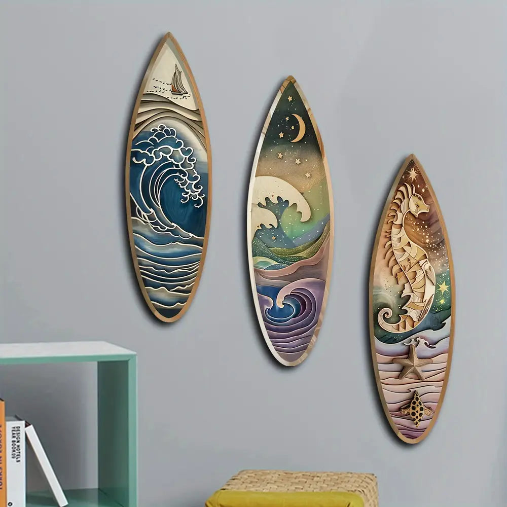 3pcs Boho Wooden Surfboard Wall Art Set with Sailboat, Seahorse, and Night Wave Patterns