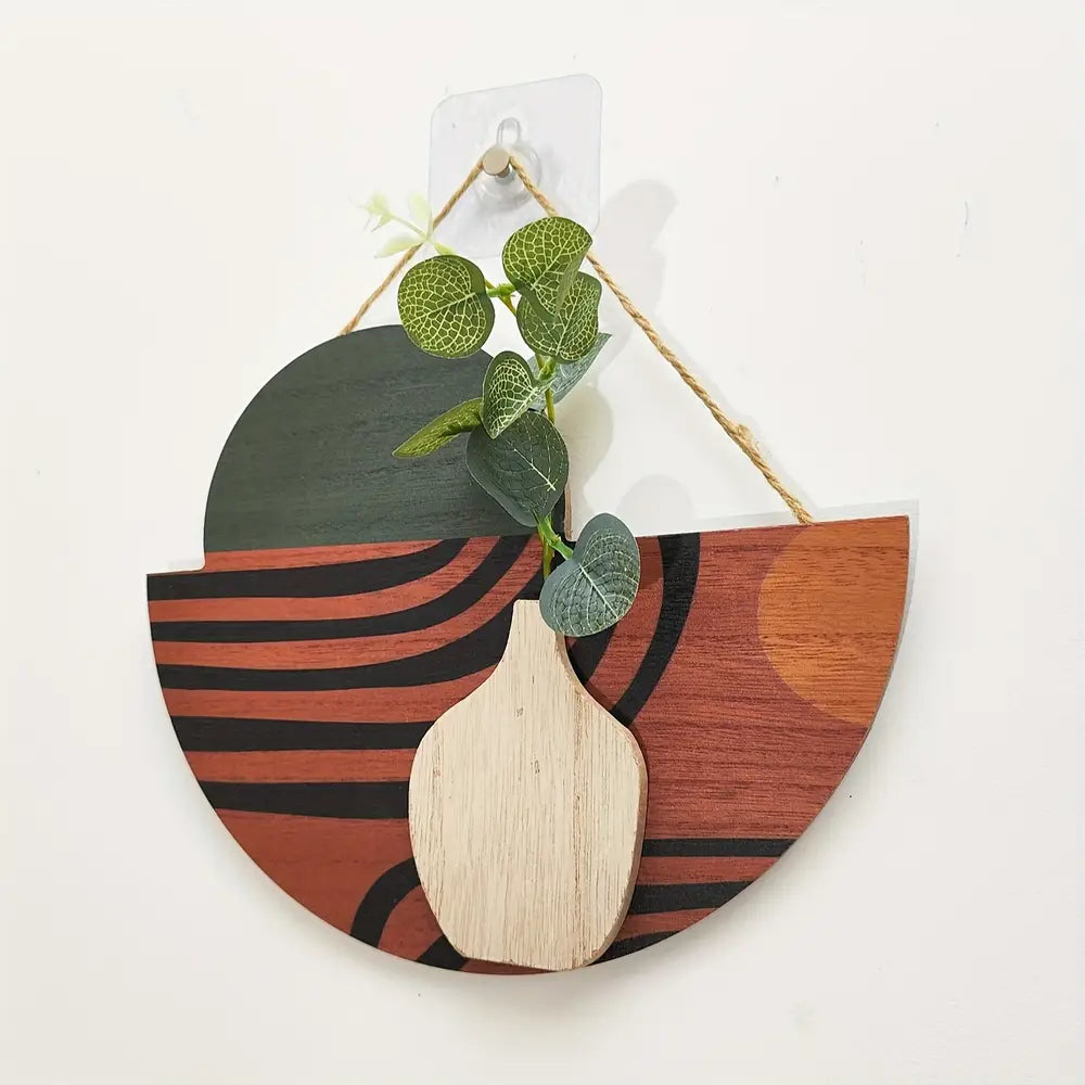 Modern Geometric Wooden Wall-Mounted Vase with Faux Plant