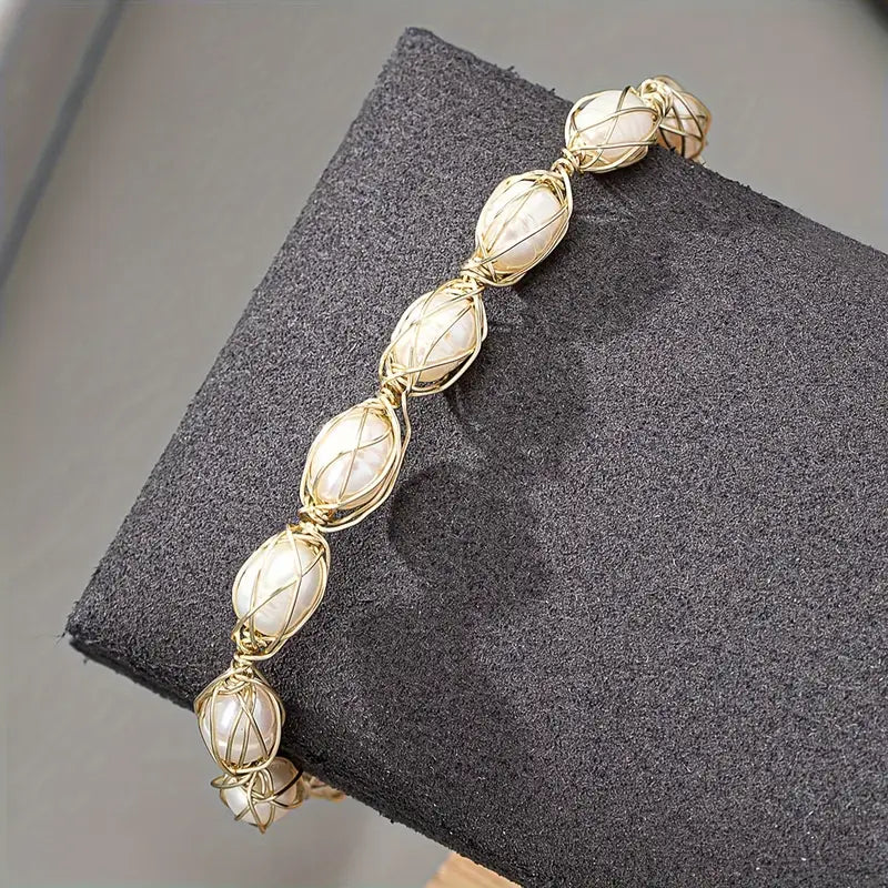18K Gold Pearl Bracelet - Handwoven Chain Elegant Jewelry