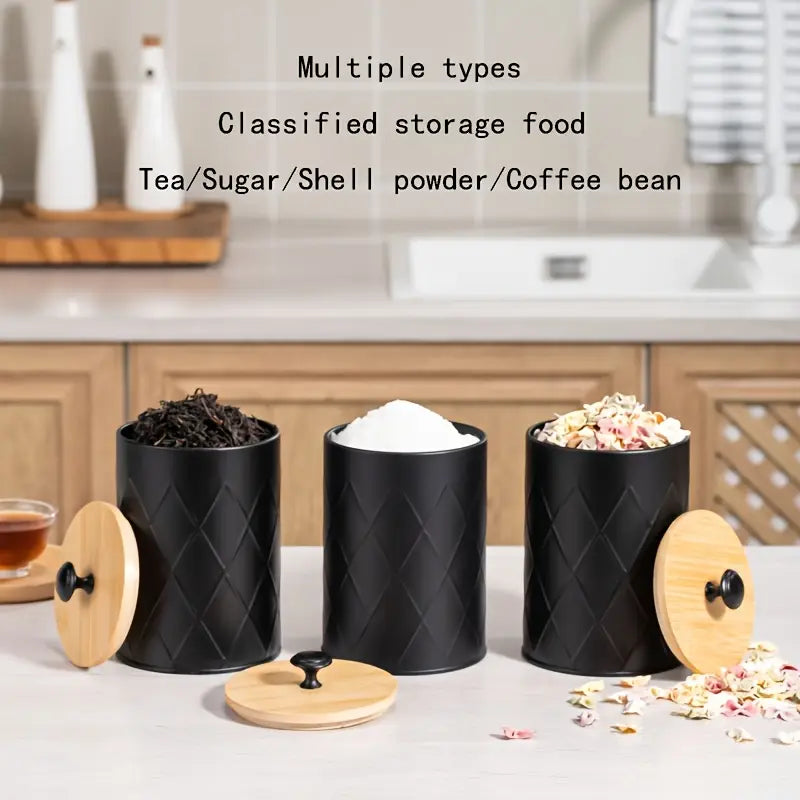 Black Metal Airtight Jars - Coffee Tea Candy Storage - Bamboo Lids