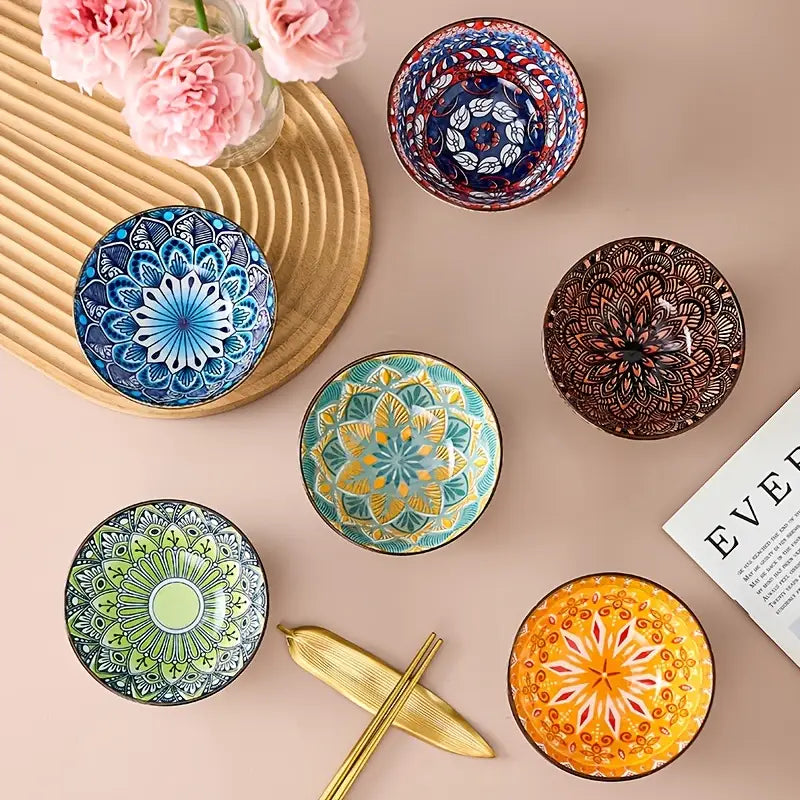Bohemian Ceramic Bowls Set - 6pc Porcelain Soup Salad Gift