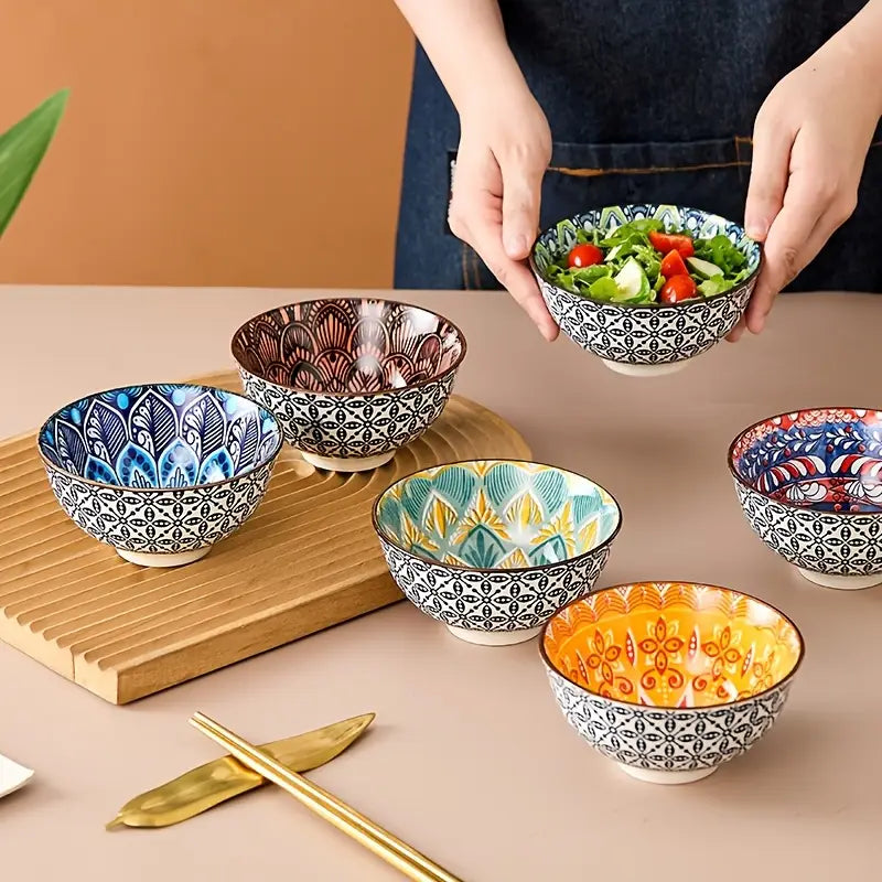 Bohemian Ceramic Bowls Set - 6pc Porcelain Soup Salad Gift
