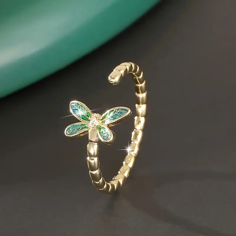 Adjustable Copper Dragonfly Ring - Vintage Gemstone Jewelry