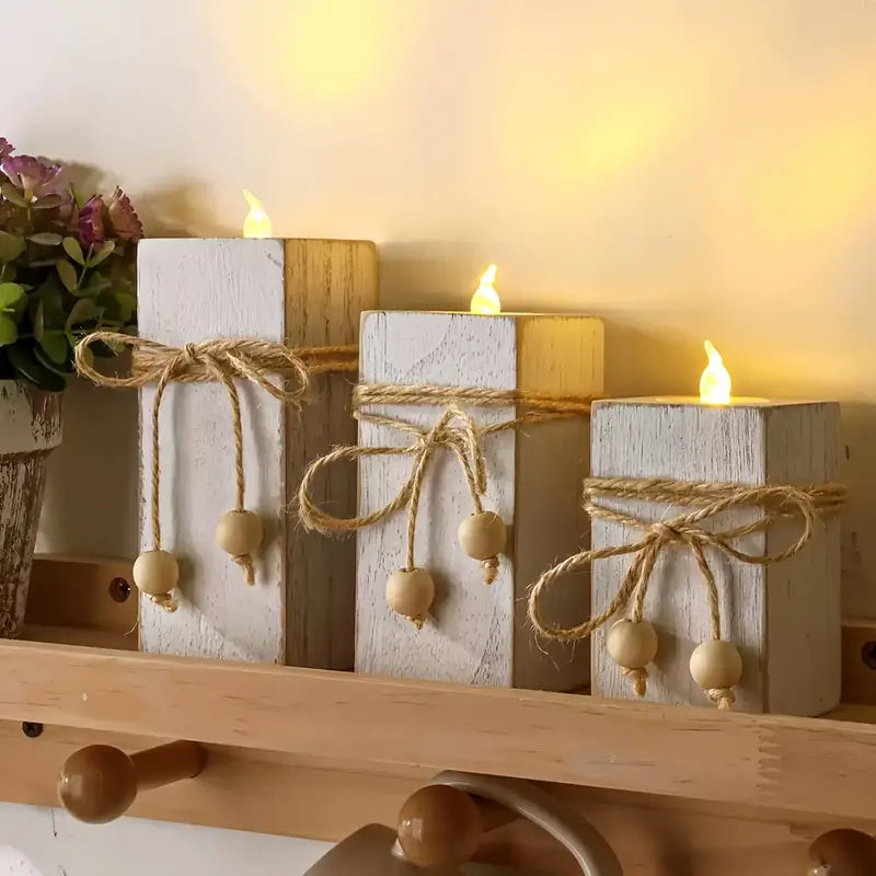 Bohemian Heart Candle Holder Set - Rustic Wood Table Decor