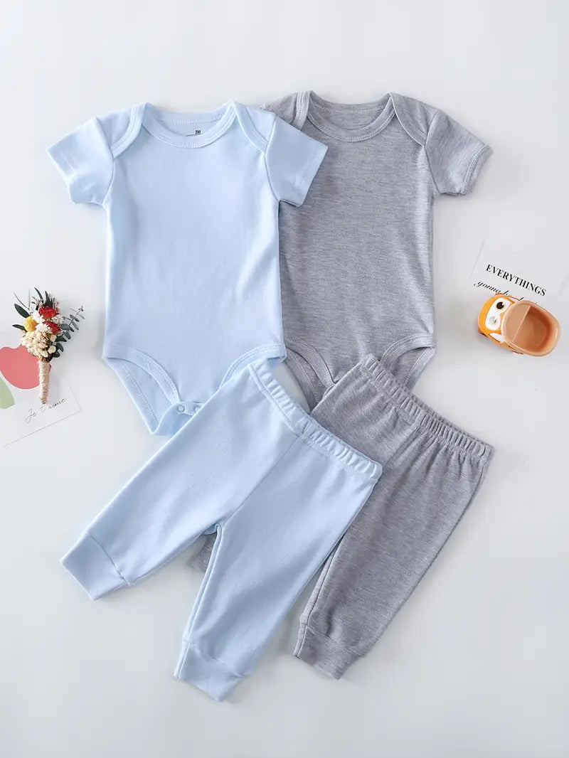 Ensemble 4 pièces pour bébé garçon | Barboteuse à manches courtes et pantalon en coton – Lavable en machine