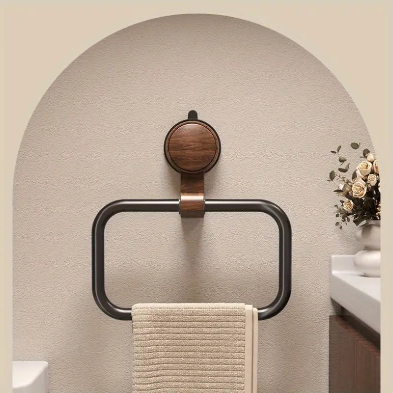 Walnut Towel Ring - Suction Mount, No Drill - Elegant Oval Design