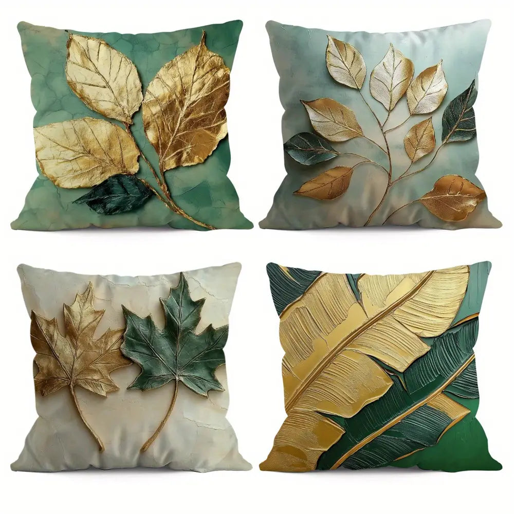 4pcs Plant Print Contemporary Peach Velvet Cushion Covers 45.72x45.72 cm