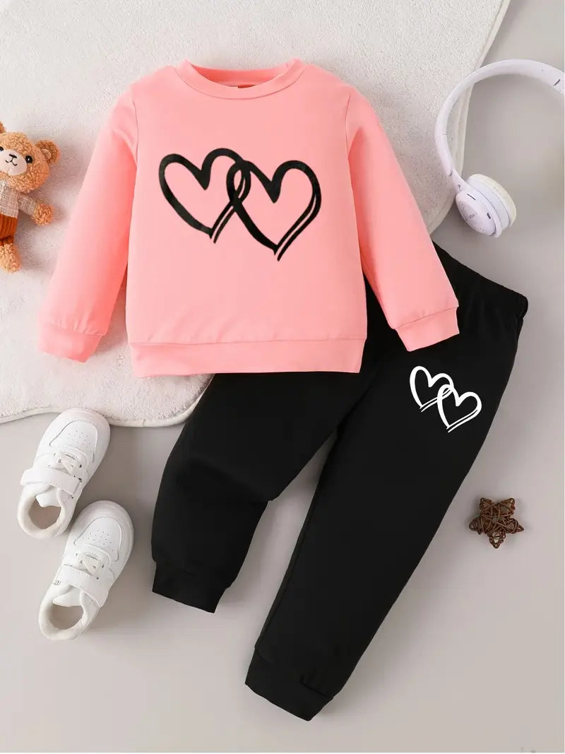 Heart Print Long Sleeve Top & Pants | Casual 2-Piece Baby Girl Outfit for Spring & Autumn