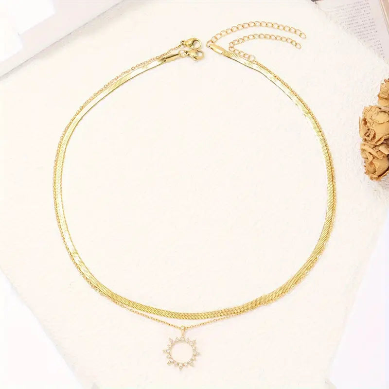 Zircon Sun Pendant Necklace - Stainless Steel Snake Chain Jewelry