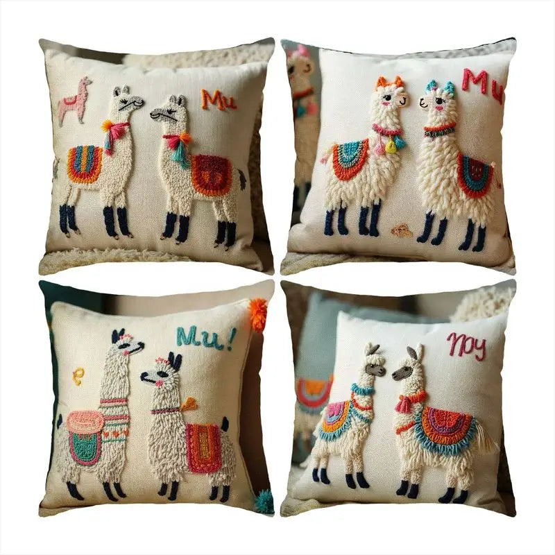 Boho Alpaca Pillow Covers 4pcs - Embroidered Decorative Cushion Cases